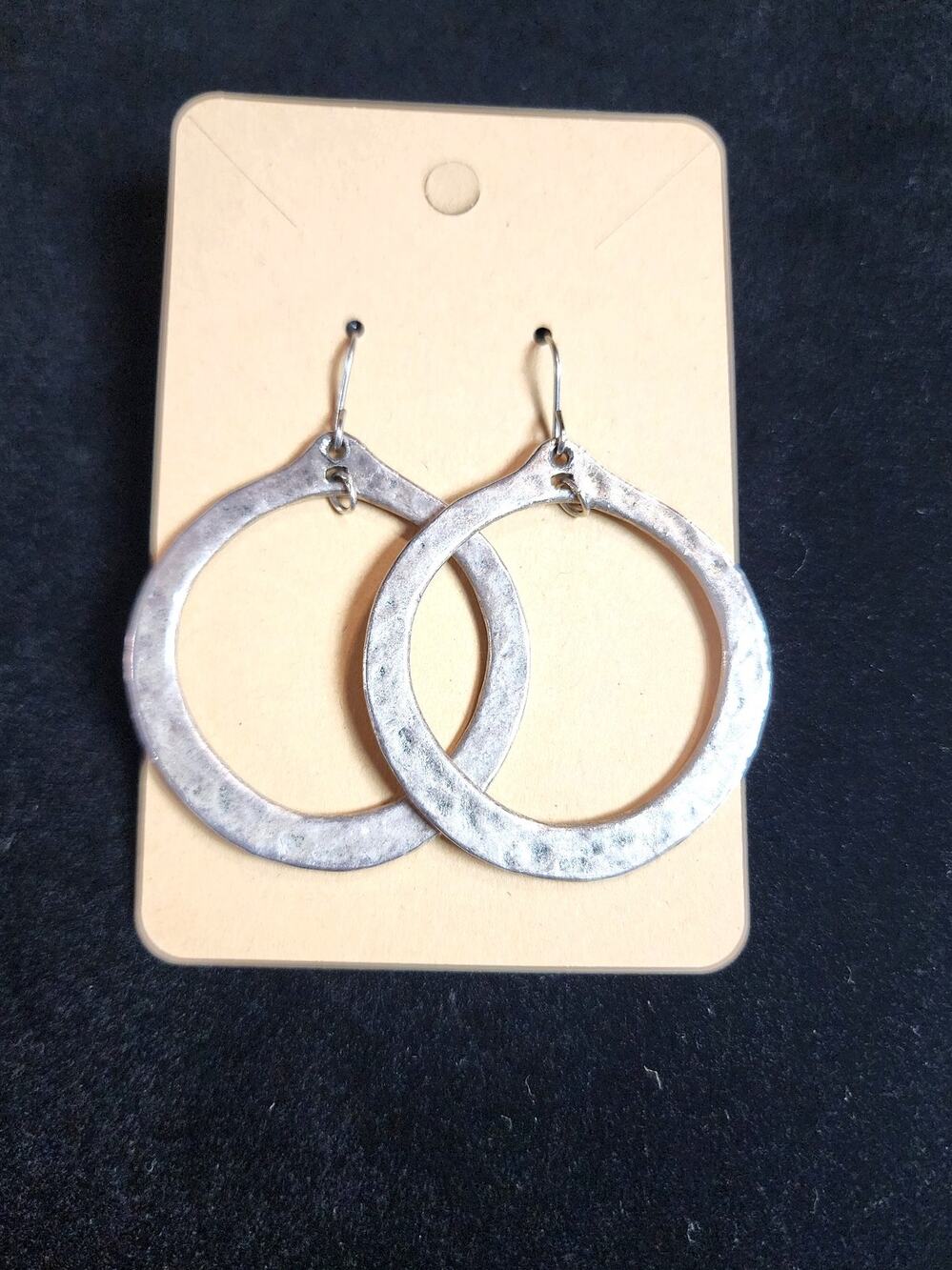 Chico's Silver Tone Hammered Open Circle Hoop Drop Dangle Earrings